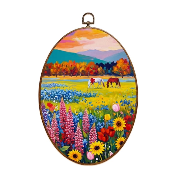 Western Canvas Wall Art Wildflower Meadow Grazing Horses Autumn Trees Under Vibrant Sunset Sky Oval Framed Canvas Prints Vintage Wall Hanging Decor for Home Decorations 8.6"x11.4"