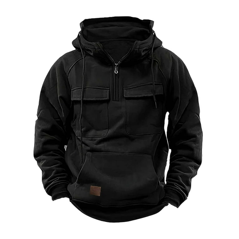 Western Cargo Hoodie for Mens Military Outdoor Sports Hooded Sweatshirt Big  and Tall 1/4 Zip Shirts Tactical Gear 