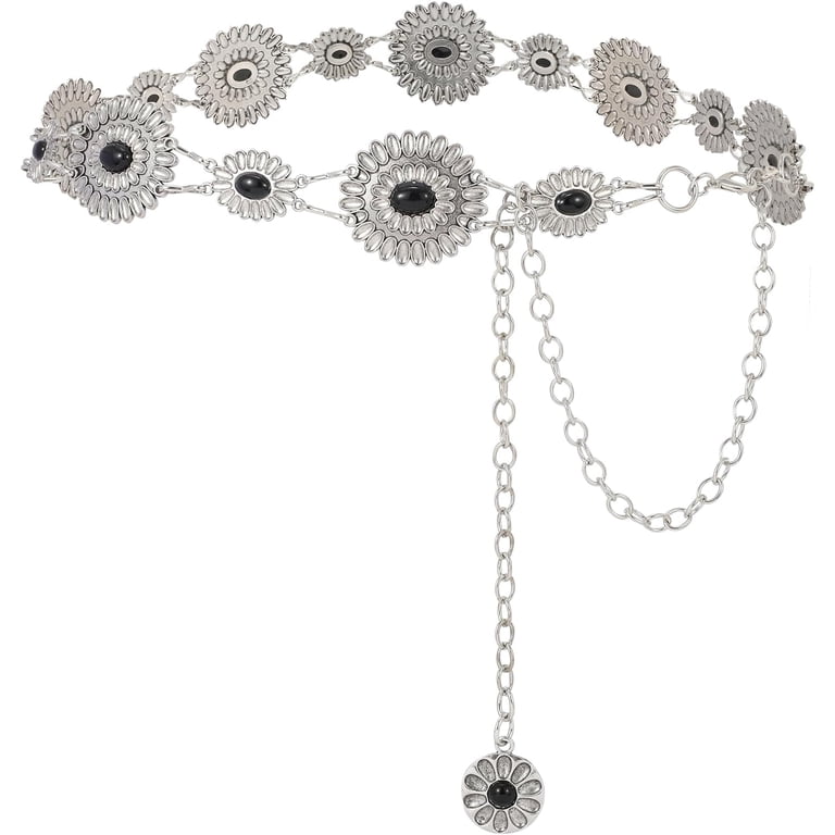 Silver Western Concho Chain Waist Belt - Women Accessories 43” Amztown Western Belts for Women, Vintage Leather Belts Boho  main image 3
