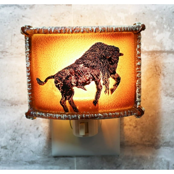 Western Charging Buffalo Bison Bull Faux Birchwood Wall Plug In Night Lights