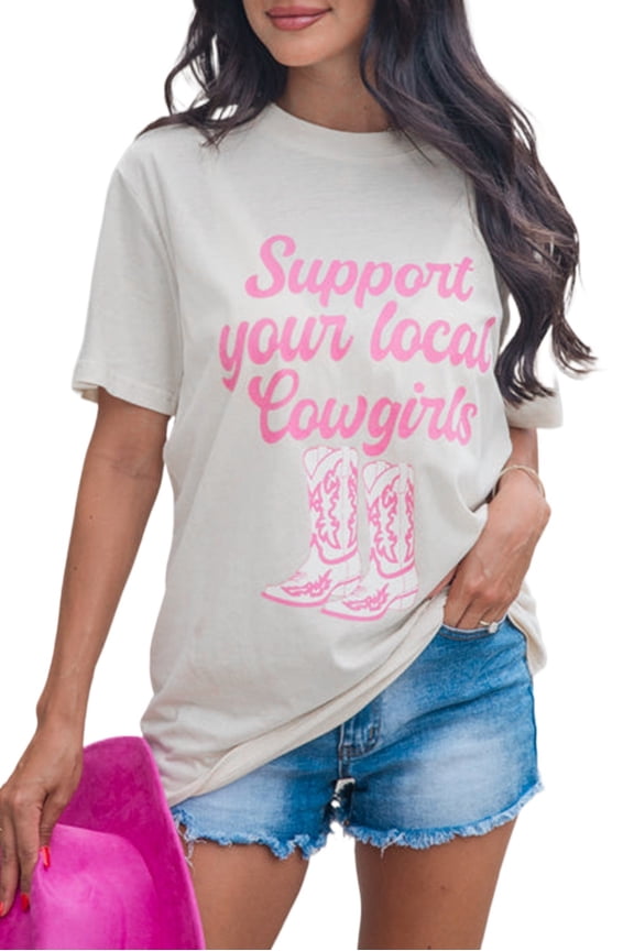 Western Chic White Crewneck Tee with Cowgirl Boots Print | [ZhiHiMeRi] | (US 4-6)S