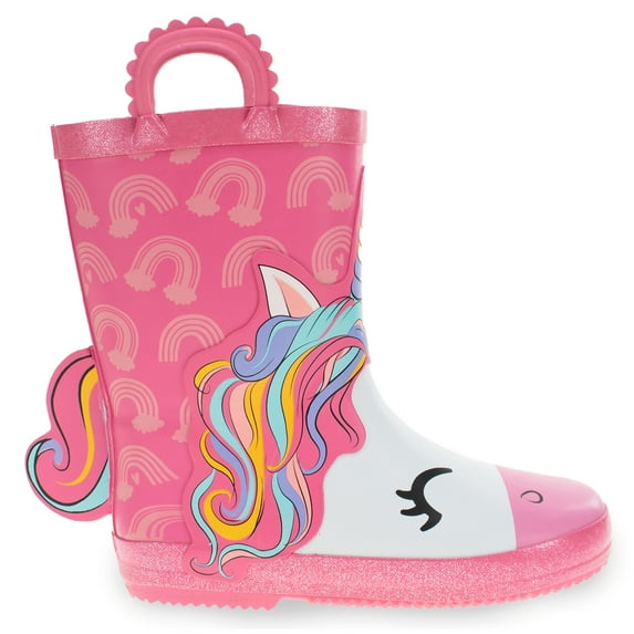 Western Chief Toddler and Little Kids Waterproof Unicorn Rain Boots with 3D Design Faux Fur Lining and Pull On Handles, Size 7-8