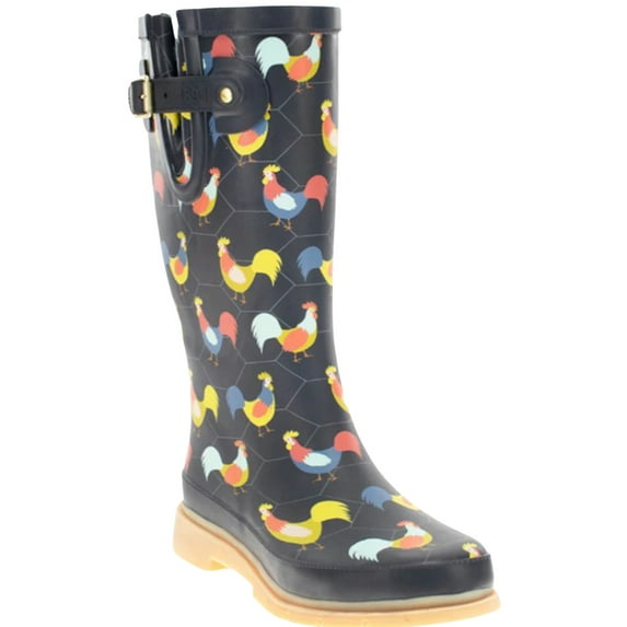 Western Chief Women's Chicken Print Tall Rain Boot Round Toe Charcoal 10 M