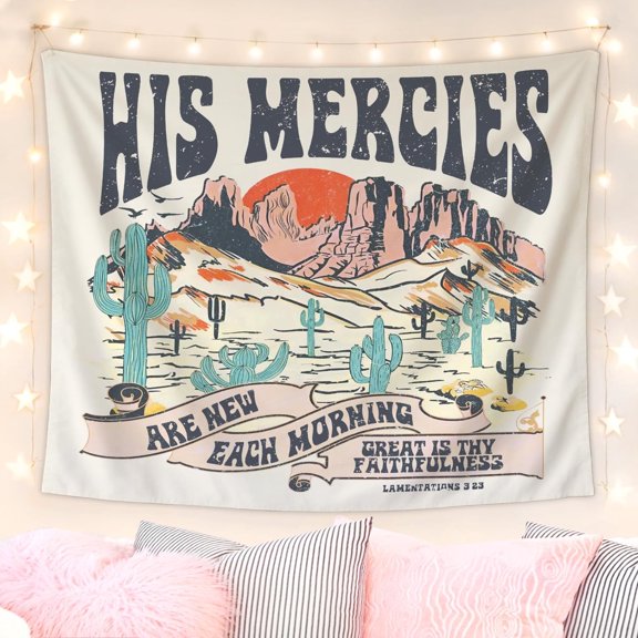 Western Christian Faith Tapestry, Retro Desert Cactus His Mercies Scripture Wall Hanging for Farmhouse Ranch & Prayer Room Decor