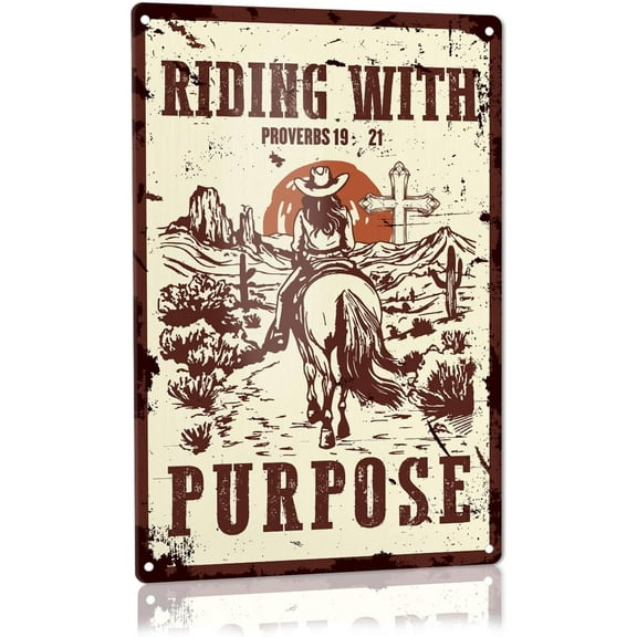 Western Christian Metal Tin Sign Decor for Home Bedroom, Cowgirl Religious Decorations, Equestrian Gifts Women Teen Girls Horse Lover Rider, Riding with Purpose, 8X12 Inches