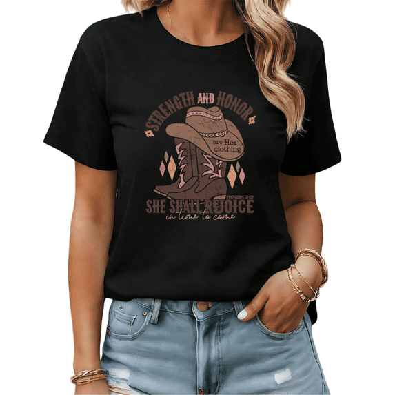 Western Christian Proverbs 31:25 Graphic Tees Womans T-shirt Shirts Black White S-5XL Tops