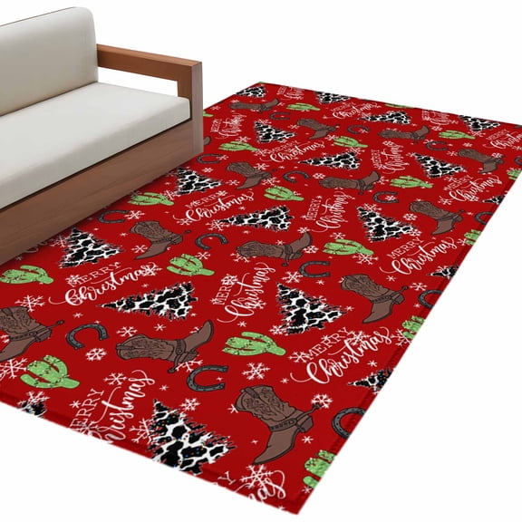 Western Christmas Area&nbsp;Rug 3x5ft Cowboy Boots Xmas Tree Snowflake Red Non-Slip&nbsp;Washable Square&nbsp;Rugs Soft Felt Indoor Floor Mat for Bedroom Kitchen Living Room Bathroom