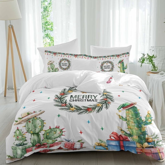 Western Christmas Duvet Cover Set King Size, Xmas Pine Leaf Wreath Hat Cactus Stars 4 Piece Soft Microfiber Bedding Set with Zipper Closure, 1 Comforter Cover, 1 Flat Sheet, 2 Pillowcases