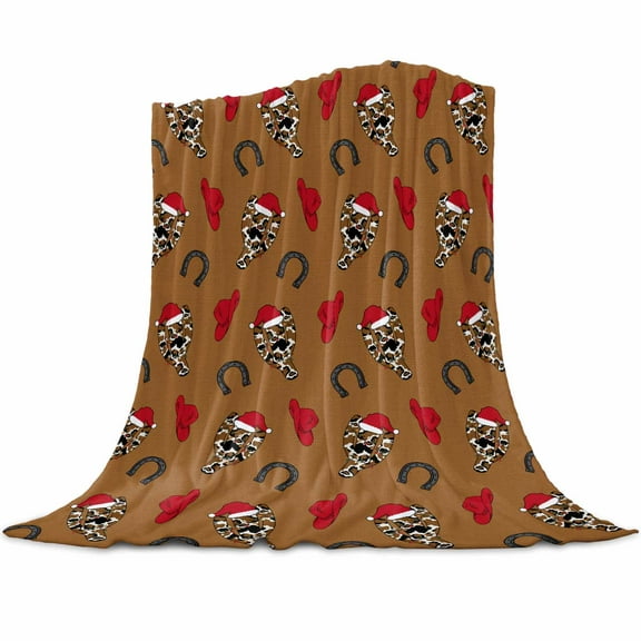 Western Christmas Flannel Blanket for Bed,Travel and Camping, Red Cowboy Hat Horseshoe Xmas Tree Brown Super Soft Cozy Blanket for All Seasons 30"x40"