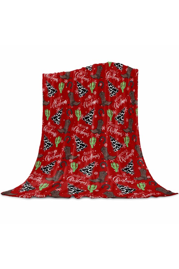 Western Christmas Flannel Blanket for Bed,Travel and Camping, Cowboy Boots Xmas Tree Snowflake Red Super Soft Cozy Blanket for All Seasons 30"x40"