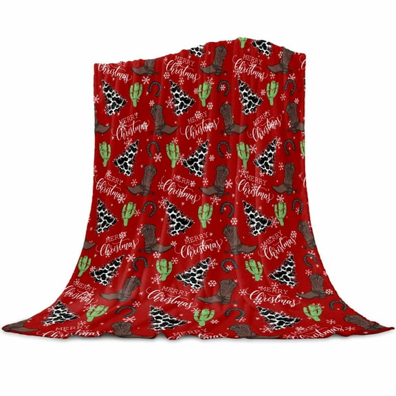 Western Christmas Flannel Blanket for Bed,Travel and Camping, Cowboy Boots Xmas Tree Snowflake Red Super Soft Cozy Blanket for All Seasons 40"x50"