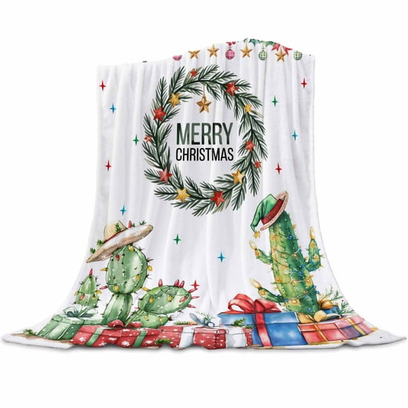 Western Christmas Flannel Blanket for Bed,Travel and Camping, Xmas Pine Leaf Wreath Hat Cactus Stars Super Soft Cozy Blanket for All Seasons 50"x60"
