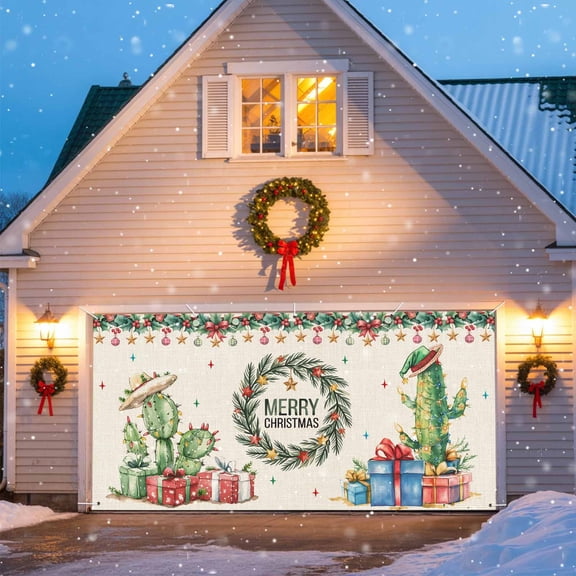Western Christmas Garage Door Banner Covers, Xmas Pine Leaf Wreath Cactus Stars Linen Large Hanging Indoor/Outdoor Backdrop Background for Christmas Winter Party Decor, 6.9x8 FT
