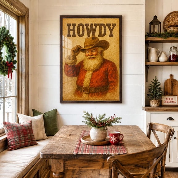 Western Christmas Howdy Santa Cowboy Vintage Rustic Holiday Poster