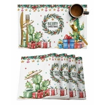 Western Christmas Placemats Set of 8 Xmas Pine Leaf Wreath Hat Cactus Stars Heat Insulation Washable Place Mats, Rustic Non-Slip Table Mats for Dining Table Party Kitchen Decor,13x19 Inch