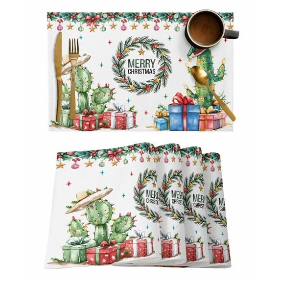 Western Christmas Placemats Set of 8 Xmas Pine Leaf Wreath Hat Cactus Stars Heat Insulation Washable Place Mats, Rustic Non-Slip Table Mats for Dining Table Party Kitchen Decor,13x19 Inch