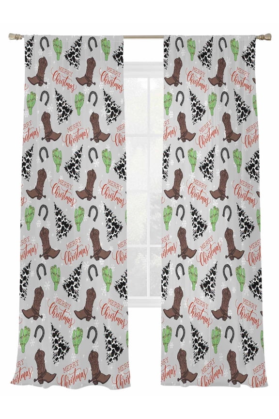 Western Christmas Sheer Curtains 108 inches Long 2 Panels Set Cowboy Boots Xmas Tree Snowflake Grey Tiers Sheers Rod Pocket Small Window Short Curtains for Kitchen Cafe, Each 52" W x 108" L