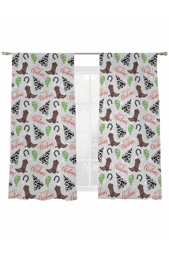 Western Christmas Sheer Curtains 63 inches Long 2 Panels Set Cowboy Boots Xmas Tree Snowflake Grey Tiers Sheers Rod Pocket Small Window Short Curtains for Kitchen Cafe, Each 52" W x 63" L