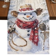 Western Christmas Snowman Table Runner 120 Inches Long, Cotton Linen Table Runner Dresser Scarf, Snowflake Xmas Tree Fabric Tablerunners for Dining Coffee Tables Wedding Holiday Party 13"x120"