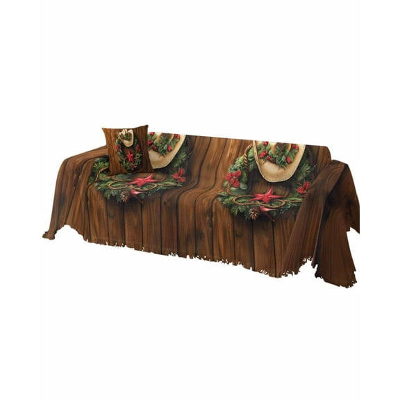 Western Christmas Sofa Covers for 3 Cushion Couch, Washable Sectional & L Shape Couch Covers for Dogs/Cats/Kids, Xmas Botanical Wreath Vintage Non Slip Sofa Slipcover Futon Cover 71''x150''