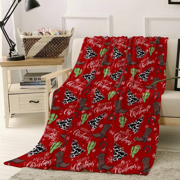 Western Christmas Throw Flannel Blanket 40x60In Cowboy Boots Xmas Tree Snowflake Red Super Soft Cozy Bed Blanket, Lightweight Plush Fuzzy Bed Throw for Bedroom Sofa Couch Living Room