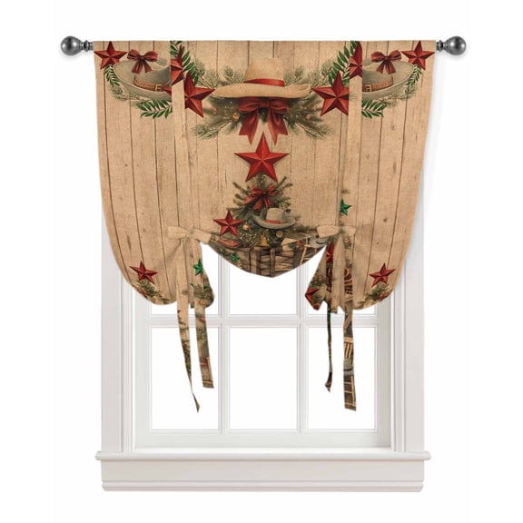 Western Christmas Tie Up Curtains for Window, Cowboy Xmas Tree Vintage Wooden Brown Thermal Insulted Balloon Shade Adjustable Rod Pocket Curtains Valance Panels for Kitchen Bathroom Café 42 x 54