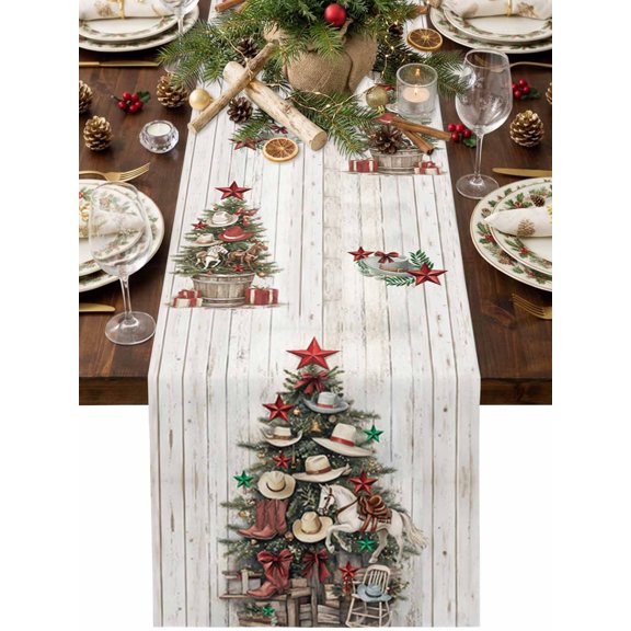 Western Christmas Tree Cowboy Hat Boots Table Runner 72 Inches Long, Farm Vintage Wood Board Table Runners Tabletop Scarf Kitchen Dining Tables Decoration for Home Party Indoor Outdoor