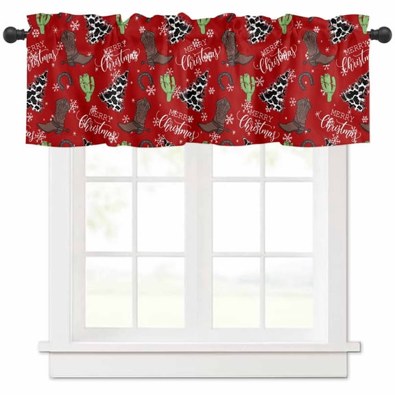 Western Christmas Valances for Windows, Cowboy Boots Xmas Tree Snowflake Red Light Filtering Window Treatment Valances, Rod Pocket Small Curtains for Kitchen/Bathroom, 42"x18"