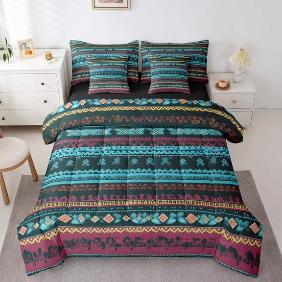 Western Comforter Set 7 Piece Bed in a Bag Twin,Geometric Aztec Bedding Sets,Southwestern Sheet Set with Comforter Bohemian Stripes Bed Set,Vintage Exotic Western Room Decor