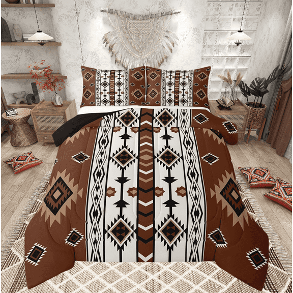 Western Comforter Set Brown Rustic Boho Aztec Bedding Set Queen Size,Country Cabin Lodge Quilt Comforter Adults Men Southwestern Tribal Bed Duvet Set 3 Pcs