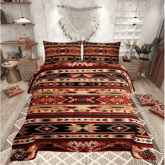 Western Comforter&nbsp;Set Southwestern Quilt Bed&nbsp;Set,Geometric Aztec Queen Bedding Sets,Retro Exotic Stripes Duvet Insert Geometry Triangle Western Decor for Bedroom