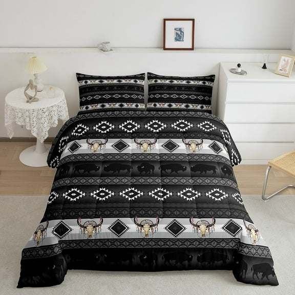 Western Comforter Set Twin,Gothic Bull Skull Bedding Set Ethnic Tribe Arrow Aztec Quilt Highland Cow Farm Animals Duvet Insert,Bohemian Exotic Geometry Triangle Diamond Western Decor,Black