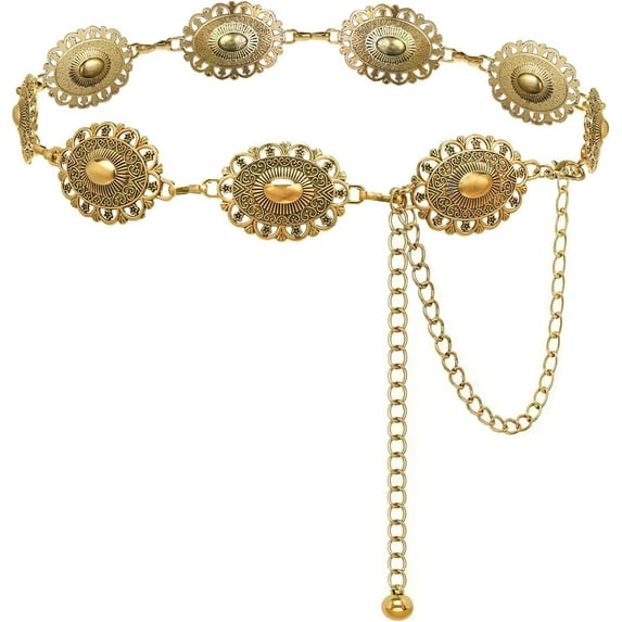 Western Concho Chain Belt for Women Metal Cowgirl Chain Belts for Dresses Jeans Vintage Style