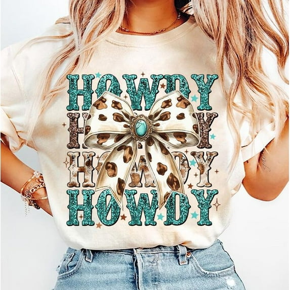Western Coquette Howdy Shirt, Turquoise Cowhide Shirt, Western Mama Design Tee, Cowgirl Shirt, Coquette Bow Western Shirt