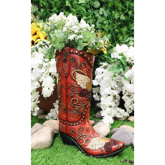 Western Country Angel Wings Heart Roses Scrollwork Cowgirl Red Boot Flower Vase