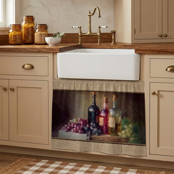 Western Country Cabinet Curtains 28"W x 35L, Farmhouse Abstract Wines Fruits Beige Under Sink Skirt for Bathroom Vanity Kitchen Self Adhesive, Dust-Proof Privacy Curtain for Closet Shelves Laundry