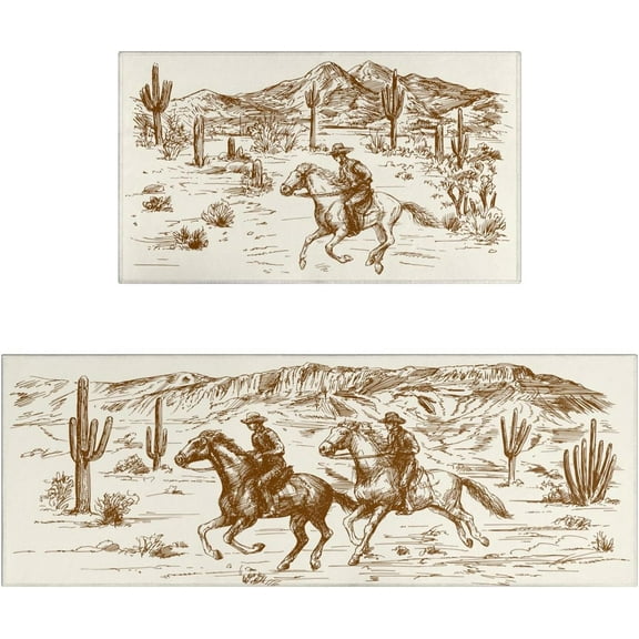 Western Country Kitchen Rugs Set of 2, Farmhouse Kitchen Mats for Floor, American Wild West Desert Cowboy Non-Slip Washable Sink Mats Home Decor Doormat+Runner Rug