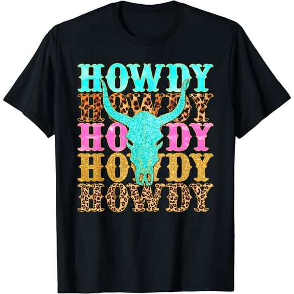 Western Country Leopard Howdy Bull Skull Cowgirl Rodeo T-Shirt