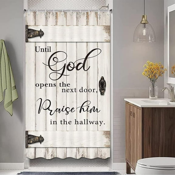 Western Country Outhouse Barn Door Shower Curtain Rustic Wooden Wood Inspirational Bible Verse for Travel Trailer Camping Theme Motor RV Bathroom Stall Shower Curtain Set, Small Size 36X72