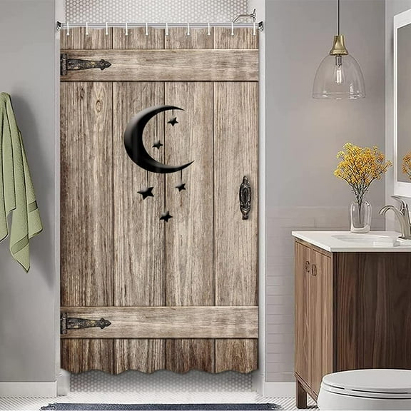 Western Country Outhouse Barn Door Shower Curtain Rustic Wooden Wood Islam Crescent Moon and Star for Travel Trailer Camping Theme Motor RV Bathroom Stall Shower Curtain Set, Small Size 36X72