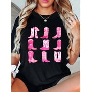 Western Country Rodeo Pink Cowboy Cowgirl Boots Relaxed Fit Classic Comfort Cotton T-Shirt Womens Mens Graphic Tee Crew Neck summer vacation Tops