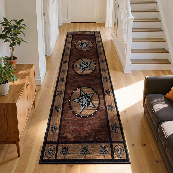 Western Country Runner Rug 2x7ft, Vintage Barn Star and Wood Rustic Washable Non-Slip Hallway Kitchen Mat