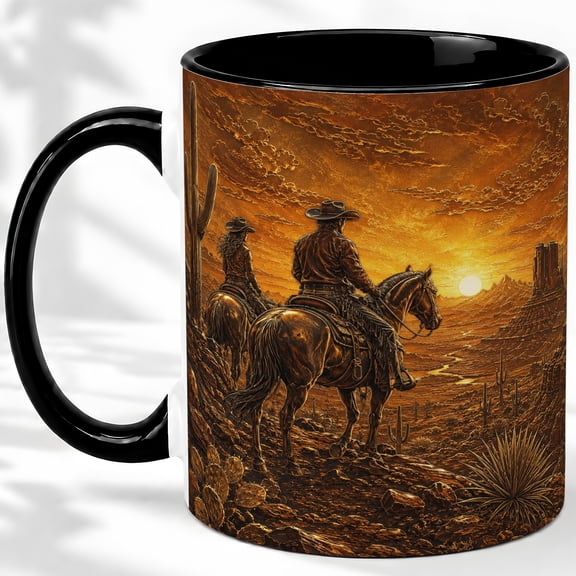 Western Couple Riders Accent Mug, 11oz Ceramic Coffee Cup for Horse Fans