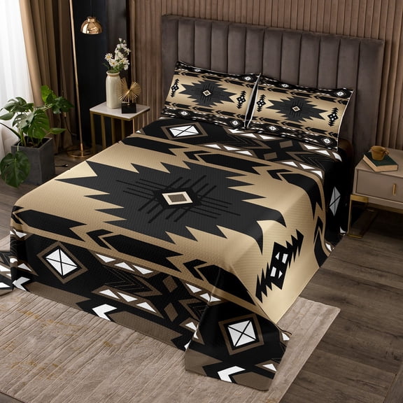 Western Coverlet Set Vintage Geometry Triangle Diamond Quilt Set,Boho Western Bedspread Set King,Southwestern Aztec Quilted Tribe Arrow Sriped Room Decor,Black Brown