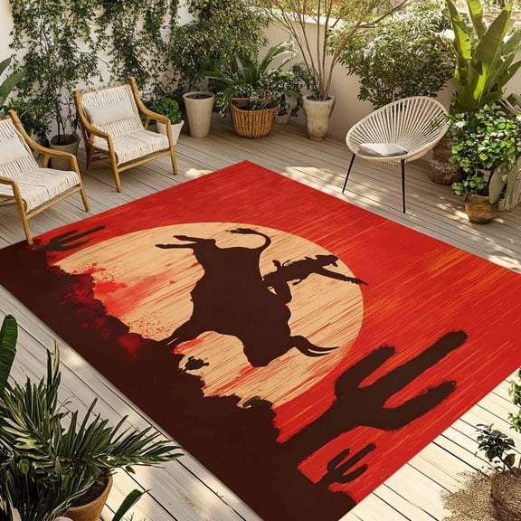 Western Cow Boy Outdoor Rug for Patio/Deck/Porch, Non-Slip Large Area Rug 5 x 7 Ft, Vintage Country Desert Cactus Indoor Outdoor Rugs Washable Area Rugs, Reversible Camping Rug Carpet Runner