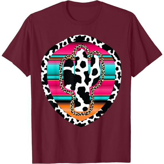 Western Cow Cactus Leopard Cheetha Serape Turquoise Unisex T-Shirt for Men Women Kids Toddler,Maroon Color,Size 2XL