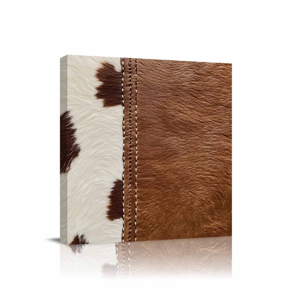 Western Cow Cowhide Canvas Wall Art, Abstract Seam Cow Leather Framed Wall Decor Modern Artwork Prints Painting for Living Room, Bedroom, Kitchen & Cafe Decor 28x28 Inch