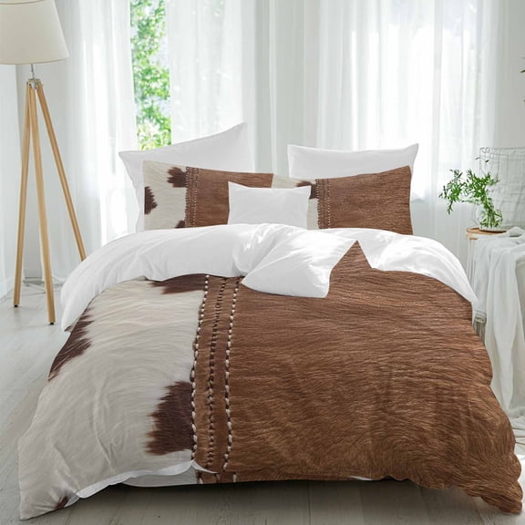 Western Cow Cowhide Comforter Set Queen Size, Abstract Seam Cow Leather Soft Bedding Set for Man Woman, 4 Pieces Duvet Cover Set with Fitted Sheet, 2 Pillowcases