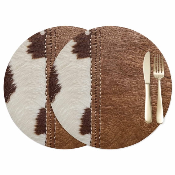 Western Cow Cowhide Leather Placemats Set of 2, 12 Inch, Abstract Seam Cow Leather Waterproof Oil-Proof Place Mats, Non-Slip Table Mats for Kitchen, Dining Room, Indoor Outdoor