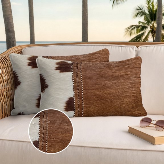 Western Cow Cowhide Outdoor Waterproof Throw Pillow Covers Set of 2, 20"x12", Abstract Seam Cow Leather Decorative Pillow Covers Outside Cushion Case for Patio Porch Garden